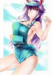  1girl absurdres animal_ears bangs bare_arms bare_shoulders blue_overalls breasts bunny_ears bunny_girl bunny_tail cleavage collarbone covered_nipples cowboy_shot egg eyebrows_visible_through_hair fingernails hair_between_eyes highres holding long_hair medium_breasts naked_overalls overalls purple_hair red_eyes reisen_udongein_inaba ribs rozarin sideboob solo tail thighs touhou traditional_media visor_cap 