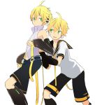  2boys arm_warmers bare_shoulders behind_another belt black_collar black_shorts black_sleeves blonde_hair collar d_futagosaikyou detached_sleeves dual_persona feet_out_of_frame from_side hands_on_another&#039;s_back headphones high_collar highres kagamine_len kagamine_len_(append) leaning_forward leg_warmers looking_at_another male_focus multiple_boys navel neckerchief necktie open_mouth sailor_collar school_uniform shirt short_ponytail short_sleeves shorts sleeveless sleeveless_shirt smile spiked_hair standing vocaloid vocaloid_append white_shirt 