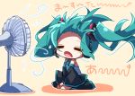  aosaki_yato aqua_hair aqua_neckwear bare_shoulders black_legwear black_sleeves chibi closed_eyes commentary detached_sleeves electric_fan fan_speaking forehead grey_shirt hair_blowing hair_ornament hatsune_miku headphones headset highres long_hair necktie open_mouth orange_background seiza shirt sitting sleeveless sleeveless_shirt translated twintails very_long_hair vocaloid 