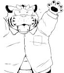  2020 anthro belly black_and_white blush clothing eyes_closed felid humanoid_hands kemono male mammal monochrome navel overweight overweight_male pantherine shirt simple_background solo tiger topwear toshi_(artist) white_background 