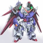  chibi clenched_hands destiny_gundam gradient gradient_background green_eyes gundam gundam_seed gundam_seed_destiny karukan_(monjya) looking_down mecha mechanical_wings no_humans robot shadow solo v-fin wings 