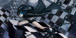  black_hair black_rock_shooter black_rock_shooter_(character) blue_eyes boots burning_eye chain checkered checkered_floor glowing glowing_eye highres katana long_hair navel okita perspective short_shorts shorts solo sword twintails weapon 