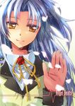  angel_beats! bad_id bad_pixiv_id blazer blue_hair hands jacket kitanti long_hair school_uniform silver_hair smile solo tenshi_(angel_beats!) waving yellow_eyes 