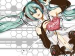  aqua_eyes aqua_hair belt cable cosmo_(bousoup) elbow_gloves fingerless_gloves gloves hatsune_miku hatsune_miku_(append) heart hexagon highres long_hair navel necktie solo twintails very_long_hair vocaloid vocaloid_append 