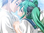  2boys aikawa_yukari amakara_twins blue_eyes blush bow couple crossdressing game_cg green_hair incipient_kiss kiss male_focus multiple_boys nature outdoors romantic school_uniform seifuku sky trap twintails yaoi 