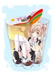  apron brown_eyes brown_hair cup dress food foreshortening garter_straps hair_ribbon in_container in_cup long_hair maid maid_headdress minigirl natsuki_yuu_(minamino_tsuki) original panties pudding ribbon solo thighhighs twintails underwear very_long_hair 