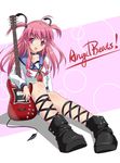  ahoge angel_beats! ankle_lace-up bad_id bad_pixiv_id choker cross-laced_footwear demon_tail fang guitar huazang instrument long_hair open_mouth pink_eyes pink_hair school_uniform serafuku shoes solo tail thigh_strap two_side_up yui_(angel_beats!) 
