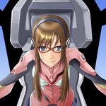  blue_eyes bodysuit brown_hair cockpit evangelion:_2.0_you_can_(not)_advance glasses hairband kaeru_(ka=l) long_hair makinami_mari_illustrious neon_genesis_evangelion pink_bodysuit plugsuit rebuild_of_evangelion smile solo twintails 