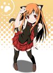  animal_ears bad_id bad_pixiv_id brown_hair huazang legs long_hair necktie original paw_pose red_eyes skirt solo tail thighhighs 