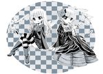  beatrice blue checkered checkered_background dress dual_persona fang hair_ornament kiseru monochrome multiple_girls nono_(c_taka) pipe sitting smile smoking umineko_no_naku_koro_ni 