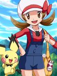  bag gen_2_pokemon hat hat_ribbon kotone_(pokemon) one_eye_closed overalls pichu pokemoa pokemon pokemon_(creature) pokemon_(game) pokemon_hgss red_ribbon ribbon spiky-eared_pichu 