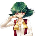  ascot bad_id bad_pixiv_id bespectacled breasts cleavage glasses green_hair kazami_yuuka medium_breasts narumizg red_eyes sexually_suggestive short_hair simple_background smile solo touhou untied vest white_background 