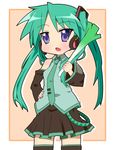  alternate_hair_color bad_id bad_pixiv_id bare_shoulders black_legwear blue_eyes cosplay detached_sleeves green_hair hand_on_hip hatsune_miku hatsune_miku_(cosplay) headphones headset hiiragi_kagami long_hair lucky_star microphone necktie pleated_skirt skirt solo spring_onion tea_(084630000) thighhighs tsurime twintails vocaloid zettai_ryouiki 