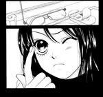  ;&lt; artist_request blush comic concentrating contact_lens glasses greyscale hard_translated kare_first_love monochrome one_eye_closed parody solo translated 