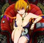  alternate_breast_size armchair blonde_hair book breasts chair cleavage earrings flandre_scarlet highres jewelry large_breasts md5_mismatch nail_polish older pointy_ears ponytail red_eyes red_nails reri side_ponytail sitting skull solo touhou 
