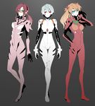  ayanami_rei bad_id bad_pixiv_id banned_artist blue_eyes blue_hair bodysuit evangelion:_2.0_you_can_(not)_advance flat_color glasses green_eyes long_hair makinami_mari_illustrious multiple_girls neon_genesis_evangelion pink_bodysuit plugsuit rebuild_of_evangelion red_eyes s_tanly shikinami_asuka_langley short_hair simple_background souryuu_asuka_langley twintails white_bodysuit 