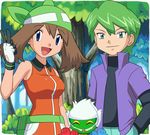  1girl alternate_costume bandana breasts gen_4_pokemon haruka_(pokemon) hat medium_breasts pokemoa pokemon pokemon_(anime) pokemon_(creature) pokemon_ag pokemon_dp_(anime) roserade shuu_(pokemon) v 