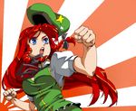  blue_eyes bow braid edo_tatsuki hair_bow hat hong_meiling long_hair red_hair rising_sun solo sunburst touhou twin_braids 