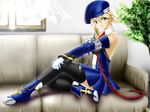  1girl arc_system_works beret blazblue blonde_hair couch detached_sleeves female full_body gloves grey_eyes hat highres memory_(artist) necktie noel_vermillion red_ribbon ribbon short_hair sitting sky solo thigh-highs thighhighs 