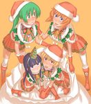  alternate_costume blonde_hair blue_eyes boots brown_hair christmas furude_rika gloves green_eyes green_hair hat higurashi_no_naku_koro_ni houjou_satoko multiple_girls purple_eyes purple_hair ryuuguu_rena santa_costume santa_hat short_hair sonozaki_mion thighhighs zenkou 