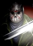  edo_tatsuki friday_the_13th glint helmet hockey_mask holding holding_sword holding_weapon holes jason_voorhees looking_at_viewer machete male_focus solo sword upper_body weapon 
