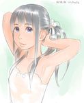  adjusting_hair armpits arms_up chitose_(zenkou) dated dress flat_chest lips looking_at_viewer original parted_lips ponytail purple_eyes shiny shiny_skin silver_hair smile solo sundress zenkou 