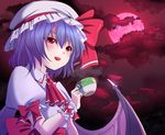  bat_wings blue_hair brooch cloud cup full_moon hat jewelry mimika_(puetilun) moon open_mouth red_eyes red_moon red_sky remilia_scarlet short_hair sky smile solo teacup touhou wings wrist_cuffs 
