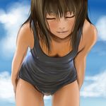  blush brown_hair closed_eyes cloud day downblouse eyelashes hand_on_thigh koyama_(gantz0409jp) leaning_forward lips lowres nose one-piece_swimsuit original school_swimsuit sky smile solo swimsuit wet 