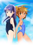  aqua_background back-to-back bad_id bad_pixiv_id blue_background blue_eyes blue_hair blue_swimsuit brown_hair competition_swimsuit dark_skin flat_chest green_eyes long_hair multiple_girls one-piece_swimsuit original rainbow rumi_(artist) swimsuit twintails 