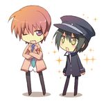  amano angel_beats! brown_hair chibi crossed_arms green_hair hat male_focus multiple_boys naoi_ayato one_eye_closed otonashi_(angel_beats!) pink_eyes school_uniform yellow_eyes 