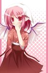  animal_ears blush covering_mouth japanese_clothes mystia_lorelei pink pink_eyes pink_hair red_eyes solo touhou wings yuzutei 