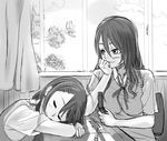  blush cellphone chin_rest classroom closed_eyes extra greyscale hair_ornament hairclip hirasawa_yui indoors k-on! lasterk long_hair monochrome multiple_girls phone short_hair sitting sleeping smile tachibana_himeko translated window 