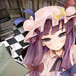  ako_(clover01) black_eyes blush book bookshelf checkered checkered_floor crescent fang hair_ribbon hat long_hair looking_at_viewer patchouli_knowledge perspective purple_hair ribbon solo touhou tsurime upper_body 