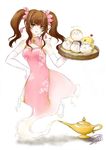  bare_shoulders brown_eyes brown_hair chinese_clothes genie gloves hair_ornament hand_on_hip lamp simple_background tray twintails 