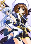  blue_eyes book_of_the_azure_sky brown_hair hair_ornament hat kirisawa_tokito lyrical_nanoha magical_girl mahou_shoujo_lyrical_nanoha_strikers minigirl multiple_girls reinforce_zwei schwertkreuz single_thighhigh thighhighs x_hair_ornament yagami_hayate 