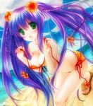  bad_id bad_pixiv_id beach bikini blush braid breasts cleavage day dutch_angle flower front-tie_top green_eyes hair_flower hair_ornament hibiscus long_hair medium_breasts mii_(miichoko) multicolored_hair original sandals side-tie_bikini solo swimsuit twintails untied 