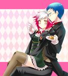  1girl argyle argyle_background bad_id bad_pixiv_id blue_eyes blue_hair brown_legwear eating feeding food glasses gloves hubert_ozwell multicolored_hair pascal pastry peperonchiino pink_background pink_hair short_hair sitting sitting_on_lap sitting_on_person spoon sweets tales_of_(series) tales_of_graces thighhighs two-tone_hair white_hair yellow_eyes 