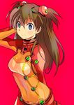  blue_eyes bodysuit brown_hair evangelion:_2.0_you_can_(not)_advance face hair_ornament hairclip long_hair multicolored multicolored_bodysuit multicolored_clothes neon_genesis_evangelion orange_bodysuit plugsuit rebuild_of_evangelion red_bodysuit shikinami_asuka_langley smile solo souryuu_asuka_langley test_plugsuit watarai_keiji 