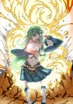  :d adapted_costume backlighting detached_sleeves explosion frog gohei green_eyes green_hair hair_ornament head_tilt highres kochiya_sanae lieutenant_dan long_hair looking_at_viewer open_mouth smile snake solo touhou v_over_eye 