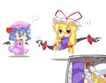  anger_vein angry bad_id bad_pixiv_id bat_wings blonde_hair blue_hair chibi closed_fan covering_mouth eiri_(eirri) fan fang flandre_scarlet folding_fan gap hat highres kanchou long_hair multiple_girls musical_note purple_eyes remilia_scarlet short_hair smirk touhou wings yakumo_yukari 