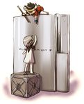  1girl :o barefoot box chibi climbing game_console grey_hair ico ico_(character) on_box playstation_3 product_placement reaching standing_on_object stick takitate the_ico_&amp;_shadow_of_the_colossus_collection yorda 
