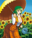  ascot breasts cleavage flower green_eyes green_hair huge_breasts jingoro kazami_yuuka open_clothes open_shirt parasol plaid plaid_skirt plaid_vest plump shirt skirt skirt_set solo sunflower sweat touhou umbrella untied vest watering_can wide_hips 