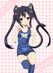  animal_ears bad_id bad_pixiv_id black_hair brown_eyes cat_ears cat_tail k-on! long_hair nakano_azusa one-piece_swimsuit paw_pose sasakuma_kyouta school_swimsuit solo swimsuit tail twintails 