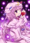  apple bad_id bad_pixiv_id crescent food fruit hat highres inume long_hair one_eye_closed open_mouth patchouli_knowledge purple purple_hair solo touhou 
