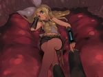  alternate_hairstyle bare_legs blonde_hair blue_eyes bob_(biyonbiyon) commentary_request crossed_legs detached_sleeves hair_ornament hairclip headphones kagamine_rin legs long_hair looking_at_viewer lying naughty_face navel on_back shade shorts solo vocaloid 