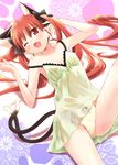  ;d alternate_hairstyle animal_ears bare_shoulders bow bow_panties cat_ears cat_tail eretto extra_ears fang hair_bow kaenbyou_rin lingerie long_hair multiple_tails negligee nekomata one_eye_closed open_mouth panties paw_print print_panties red_eyes red_hair short_hair smile solo strap_slip tail touhou twintails underwear 