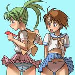  ass higurashi_no_naku_koro_ni lowres multiple_girls panties pantyshot ryuuguu_rena school_uniform short_hair skirt skirt_lift sonozaki_mion striped striped_panties thigh_gap underwear wide_hips wind wind_lift zenkou 