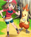  bandana bike_shorts blue_eyes breasts brown_hair combusken crossed_arms gen_3_pokemon haruka_(pokemon) hat medium_breasts pokemoa pokemon pokemon_(anime) pokemon_(creature) skirt 