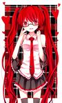 adjusting_eyewear alternate_color alternate_hair_color bad_id bad_pixiv_id bespectacled detached_sleeves glasses hatsune_miku heart long_hair nakatanbo necktie open_mouth plaid plaid_background red_eyes red_hair skirt smile solo thighhighs twintails very_long_hair vocaloid zettai_ryouiki 
