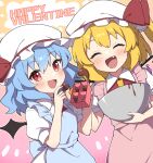  2girls ^_^ absurdres apron bat_wings black_wristband blue_apron bowl closed_eyes collared_shirt fang flandre_scarlet hat highres holding holding_bowl looking_at_viewer miz_(mizillustration) mob_cap multiple_girls open_mouth pink_apron puffy_short_sleeves puffy_sleeves remilia_scarlet shirt short_sleeves siblings sisters smile touhou white_headwear white_shirt wings 